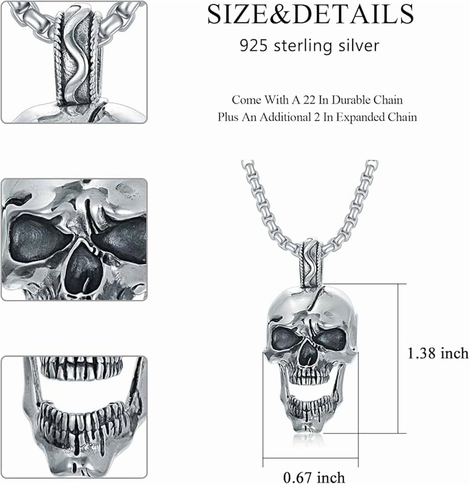 DVEATR Skull Head Necklace 925 Sterling Silver/18K Gold Plated/Black Gothic Skull Jewelry for Men, with Stainless Steel Chain 22+2 Inch