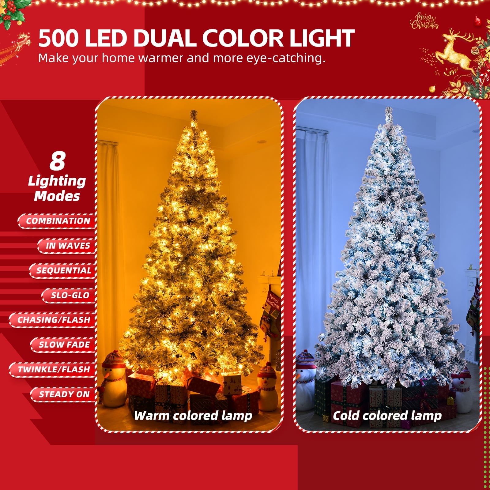 8 FT Snow-Flocked Pre-Lit Christmas Tree 1300 PVC Branch Tips 500 LEDs and Remote 11 Modes Stepless Dimming 3-Step Setup for Holiday Party Office Home Snowy Green