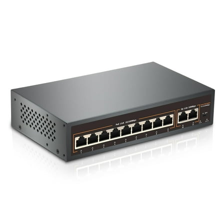 9 Port PoE Switch with 2 Uplink, 9 PoE  Port 100Mbps, 120W 802.3af/at, Metal Desktop Wall Mountable,VLAN Function,250 Meters Extend,Metal Fanless Plug and Play Network Switch