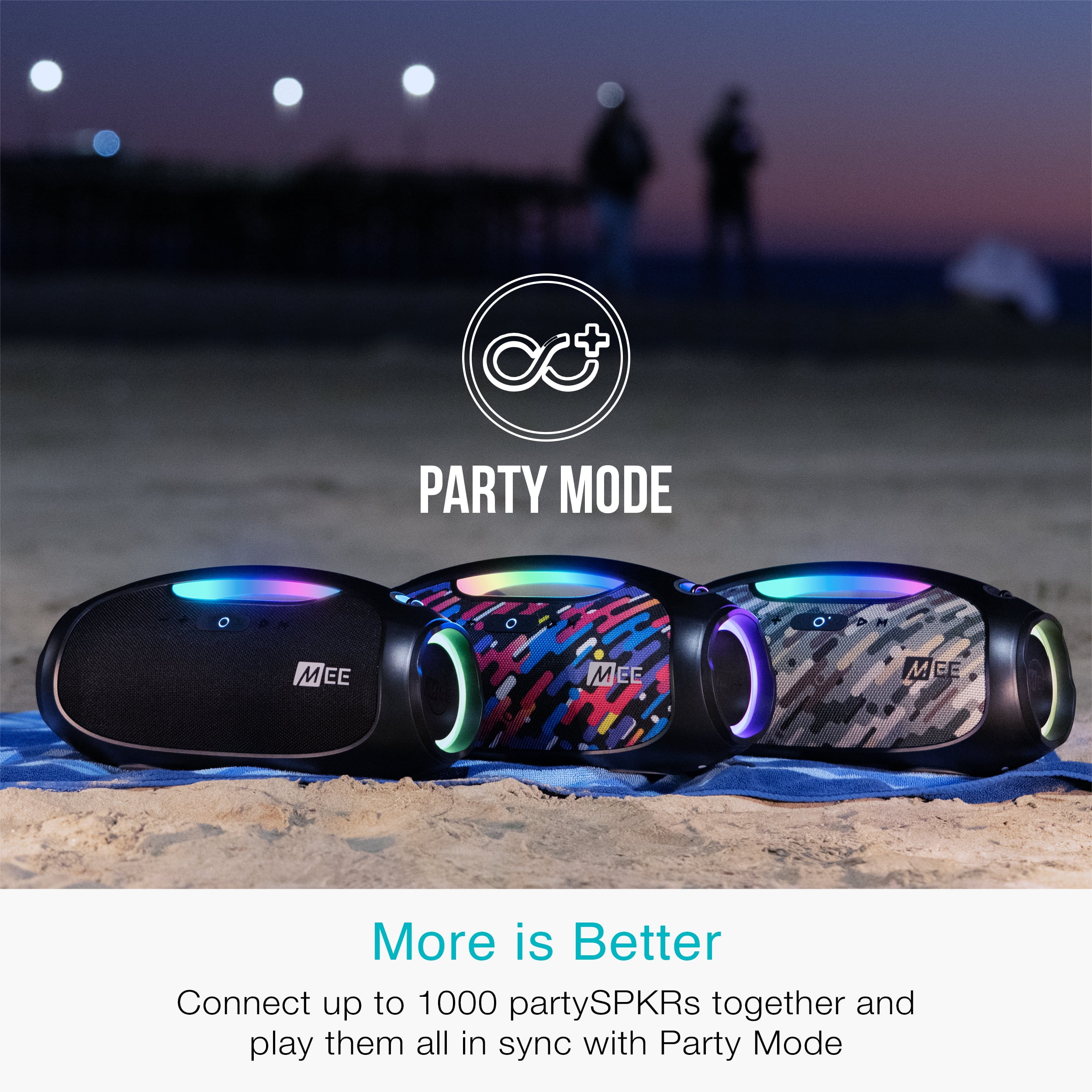 MEE audio partySPKR Bluetooth Wireless Speaker with Dynamic LED Lighting, 2 Subwoofers for Powerful Sound, Connect 100+ Together; Large Yet Portable for Indoors/Outdoors (Colorful)