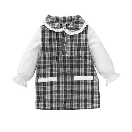 

KIMI BEAR Infant Girls Dress 12 Months Infant Girls Autumn Winter Dress 18 Months Infant Girls Sweet Lapel Long Sleeve Plaid Dress Black + White