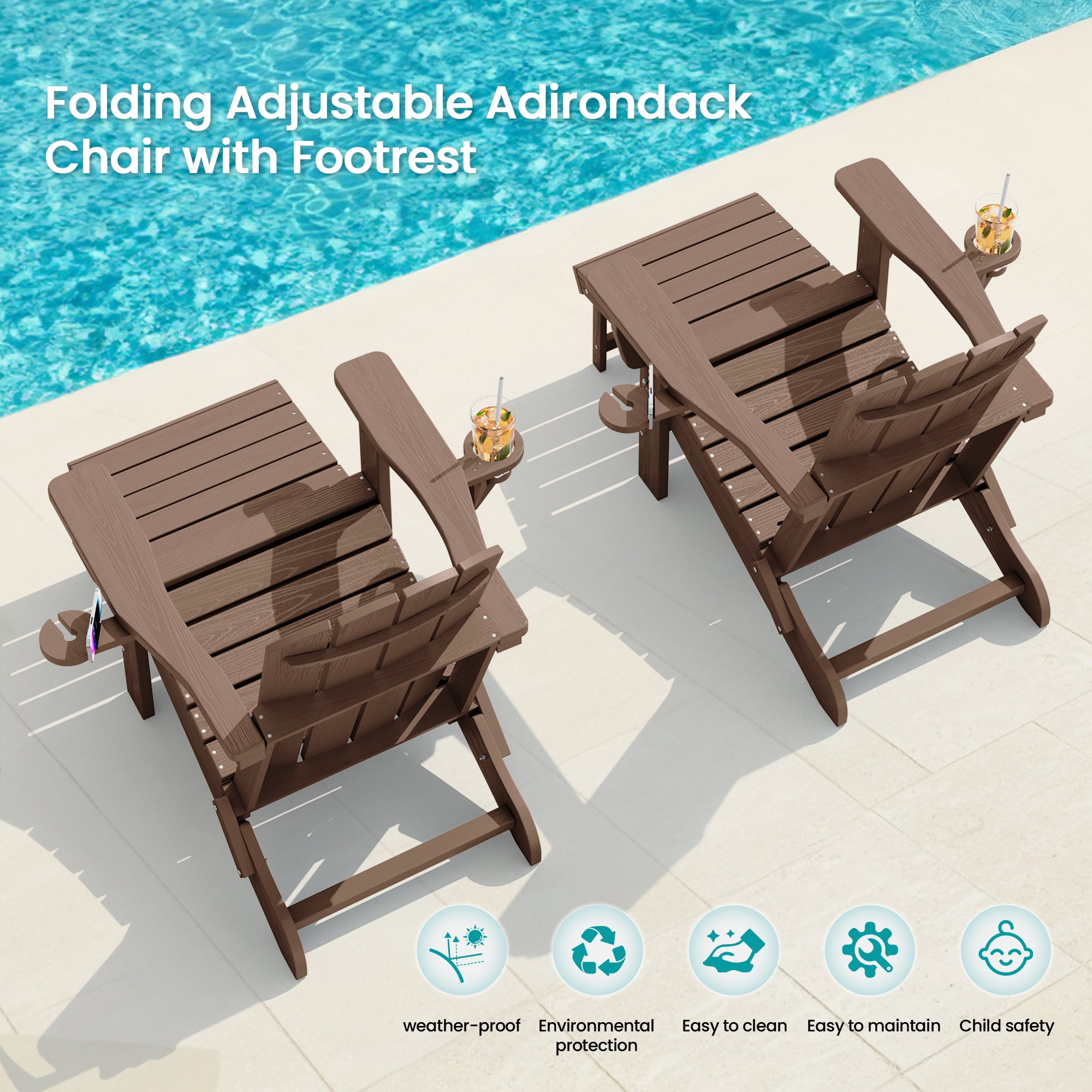 KINGYES Folding Adjustable Adirondack Chair with Retractable Ottoman Set of 2 for Patio Garden, Brown