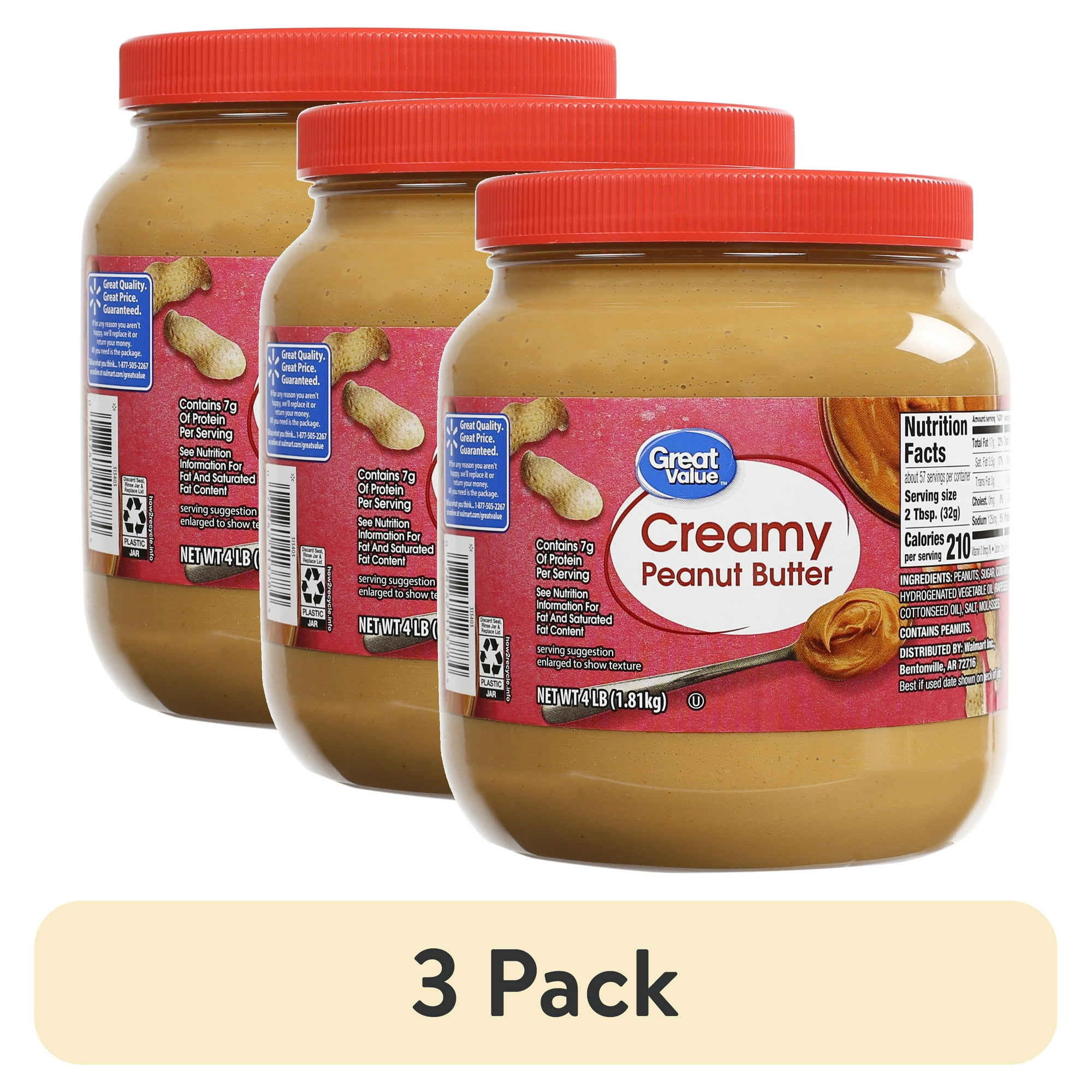 (3 pack) Great Value Creamy Peanut Butter, 64 oz