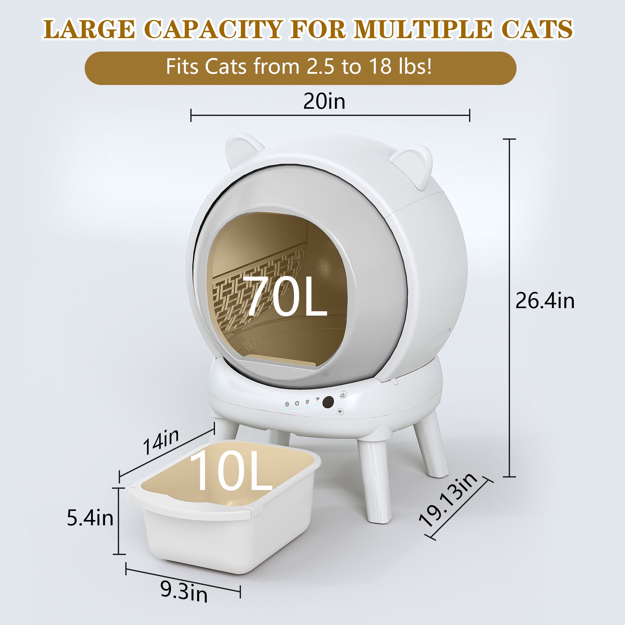 HLR 70L Smart Automatic Self-Cleaning Cat Litter Box, APP Control/Integrated Safety Protection, Cat Ears Design, White