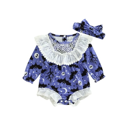 

Baby Girls Halloween Casual Romper Long Sleeve Bat Pumpkin Bat Ghost Print lLace Romper with Headband 3-24Months
