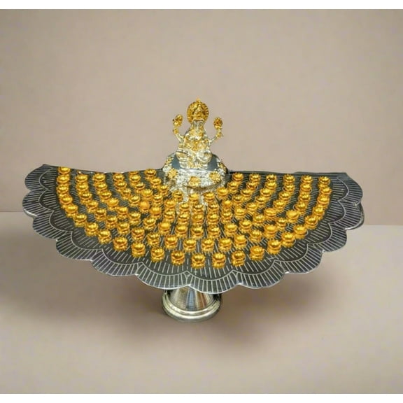 german silver flower stand with 108 golden flowers with lakshmiji idol for housewarming/ diwali/ home decor