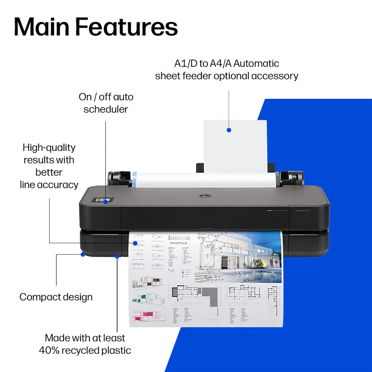 HP DesignJet T210 24" Wireless Large Format Color Thermal Inkjet Plotter Printer, Bundle with Stand, Sheet Feeder and Matte Bond Inkjet Paper Roll