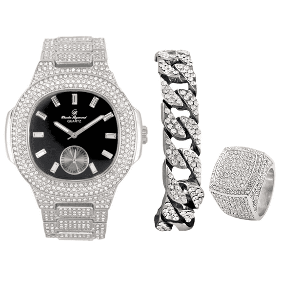 Charles Raymond Bling-ed Out Oblong Case Mens PP Look Watch with Matching Bling-ed Out Cuban Bracelet and King Ring Set - (8, ST10235 VO SLV BLK)