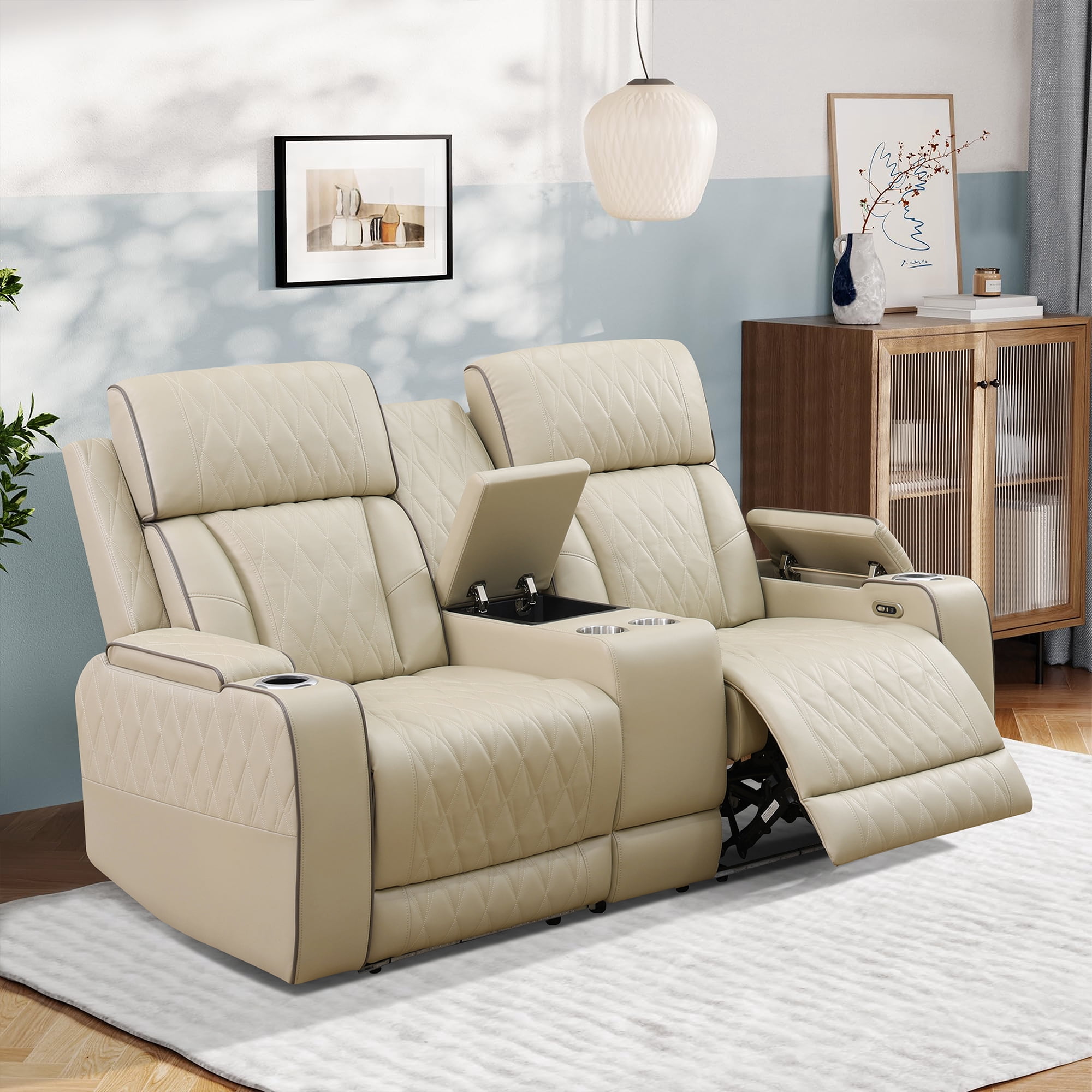Gewnee Loveseat Power Reclining Multifunctional Sofa, Air Leather, Storage Console, Cup Holders,Khaki