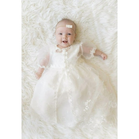 Baby Girl Sleeveless Baptism Dress Christening Gown with Bonnet and Overlay 3M