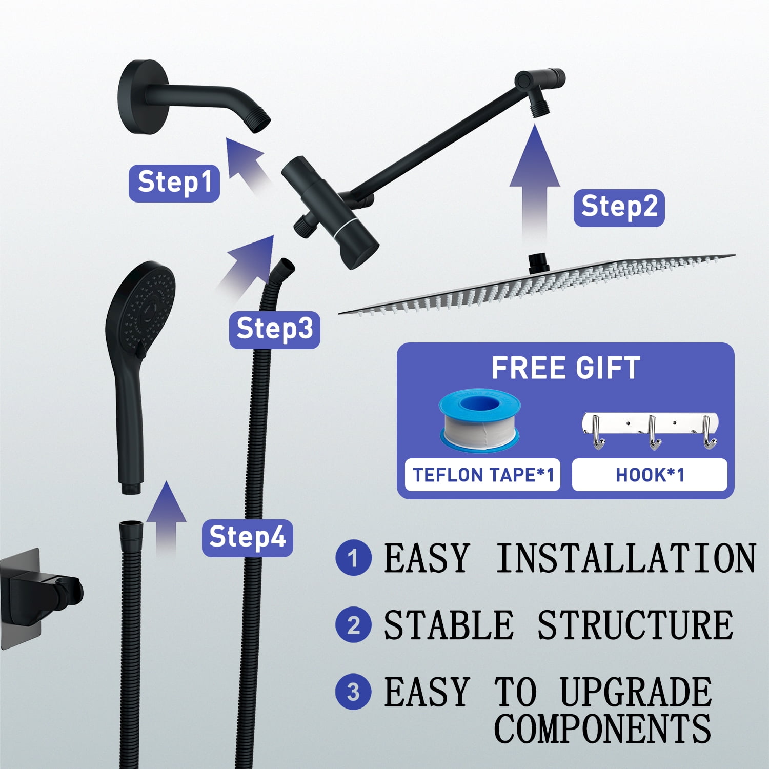 DTIG 12 inch Rain Shower Head, 5-Setting High Pressure Shower Head with Handheld, Shower Bracket and Hose Black