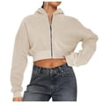 thumbnail image 2 of FASHOFT Womens Cropped Zip Up Hoodie Long Sleeve Crop Hooded Jacket with Pocket Comfy Y2K Sweatshirt Streetwear Beige L, 2 of 5