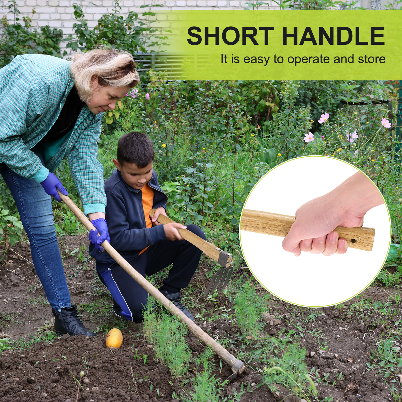 Japanese Hand Tiller/Rake for Garden, 15.4 Inches Stainless Steel Cultivator with Garden Hoe for Digging, Weeding, and Planting, Gardening Tool with Wooden Handle