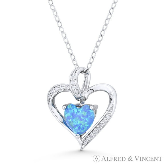 Azure-Blue Lab Opal & CZ Crystal Heart Pendant w/ Chain Necklace in .925 Sterling Silver