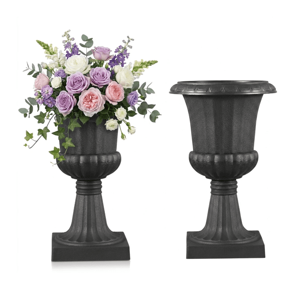 Plastic Urn Planters, 9.8 x 16.5 Inch, 2-Pack Black Classic Flower Pots, Front Porch Planters for Indoor & Outdoor Use, Vase for Wedding, Party, Event, Home, Garden, Balcony, Patio Decoration
