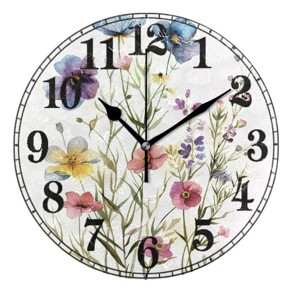 Watercolor Art Wildflower Silent Wall Clock 10" Non-Ticking Battery Clock