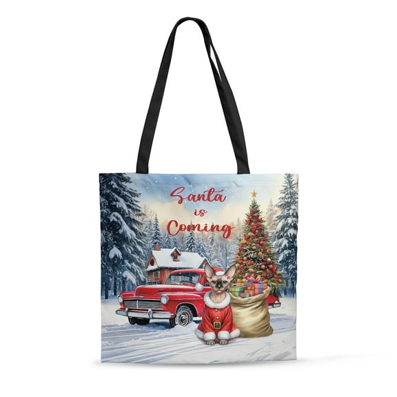 Santa is Coming Sphynx Merry Christmas Xmas Noel Truck Tree All Over Print 3D Canvas Tote Bag Cat Lover Kitten Owner Gifts Idea Reusable Handbag - 02023