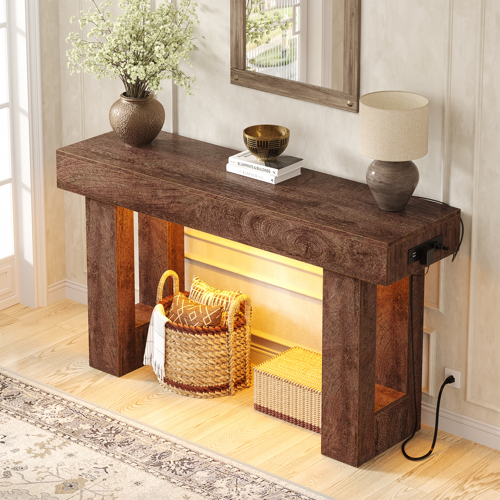 Homieasy 47" Console Table with Socket & Sensor Light, Narrow Entryway Table with Storage for Hallway/Living Room, Farmhouse Style in Rustic Oak