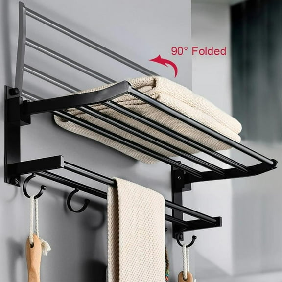 Wall-Mounted Towel Rack, 24 Inch Foldable Double Layer Towel Holder with 5 Hooks, Black Aluminum