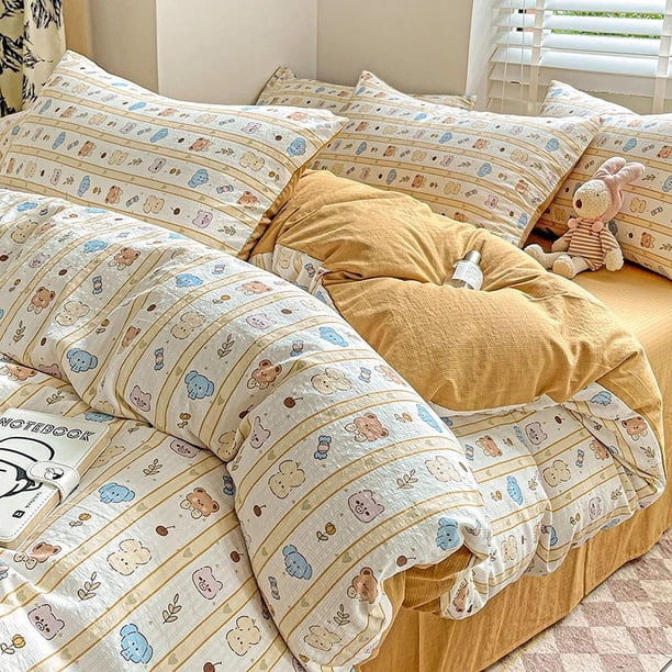 Ropa de cama de algodón lavado Juego de edredón Funda de almohada Sábana individual Cama de tamaño completo