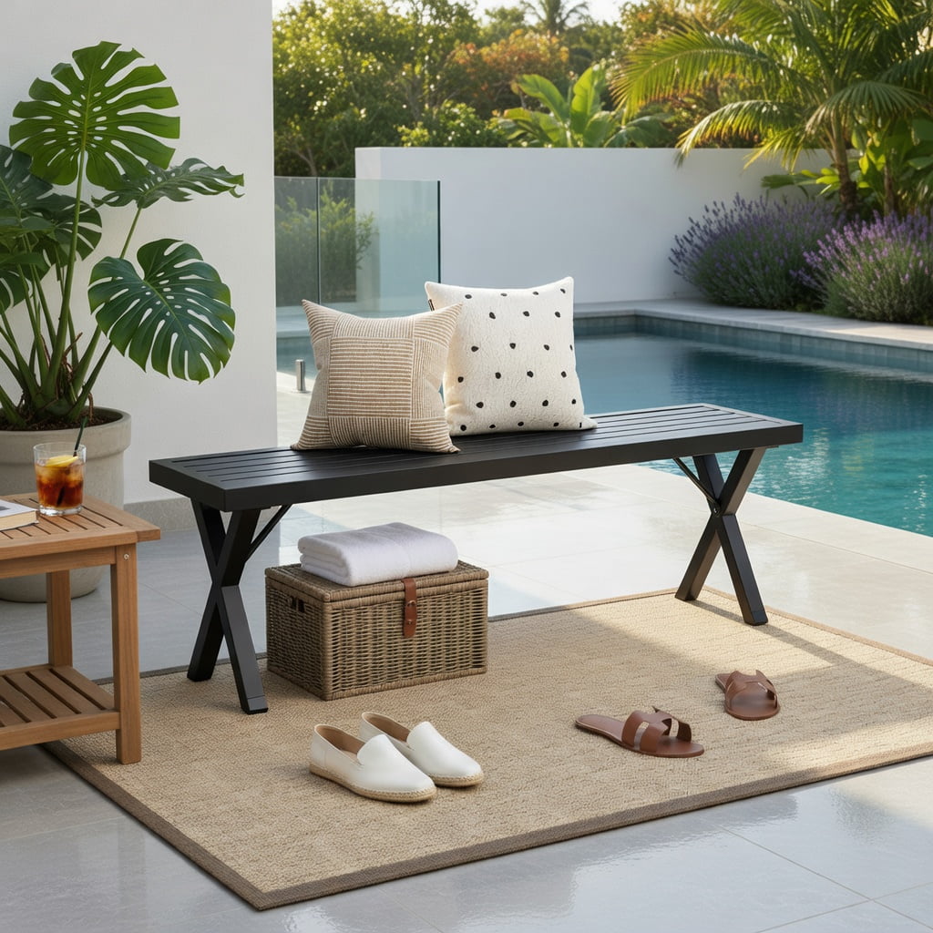 Hommoo Heavy-Duty Metal Patio Bench with Slatted Seat & X-Frame Design, 54" Outdoor Bench for Backyard, Garden, Entryway, Black