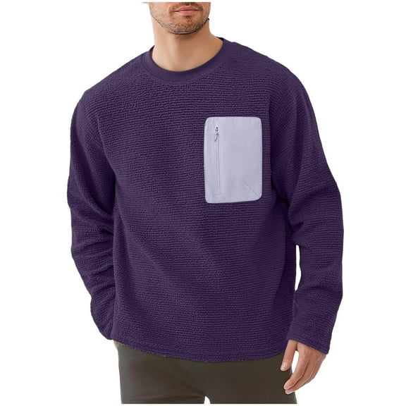 WMTBSRSW Men's Crewneck Sweatshirt Sherpa Lined Casual Fleece Pullover Long Sleeve Warm Lightwieght Sweater Sweatshirts Purple L