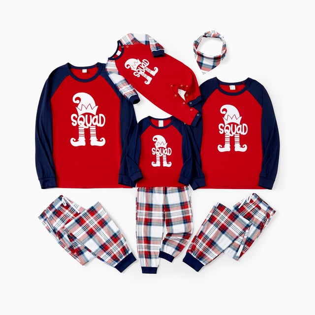 Conjuntos de pijamas navideños a juego para toda la familia, mangas raglán, camiseta estampada de Elf Squad, pantalones a cuadros