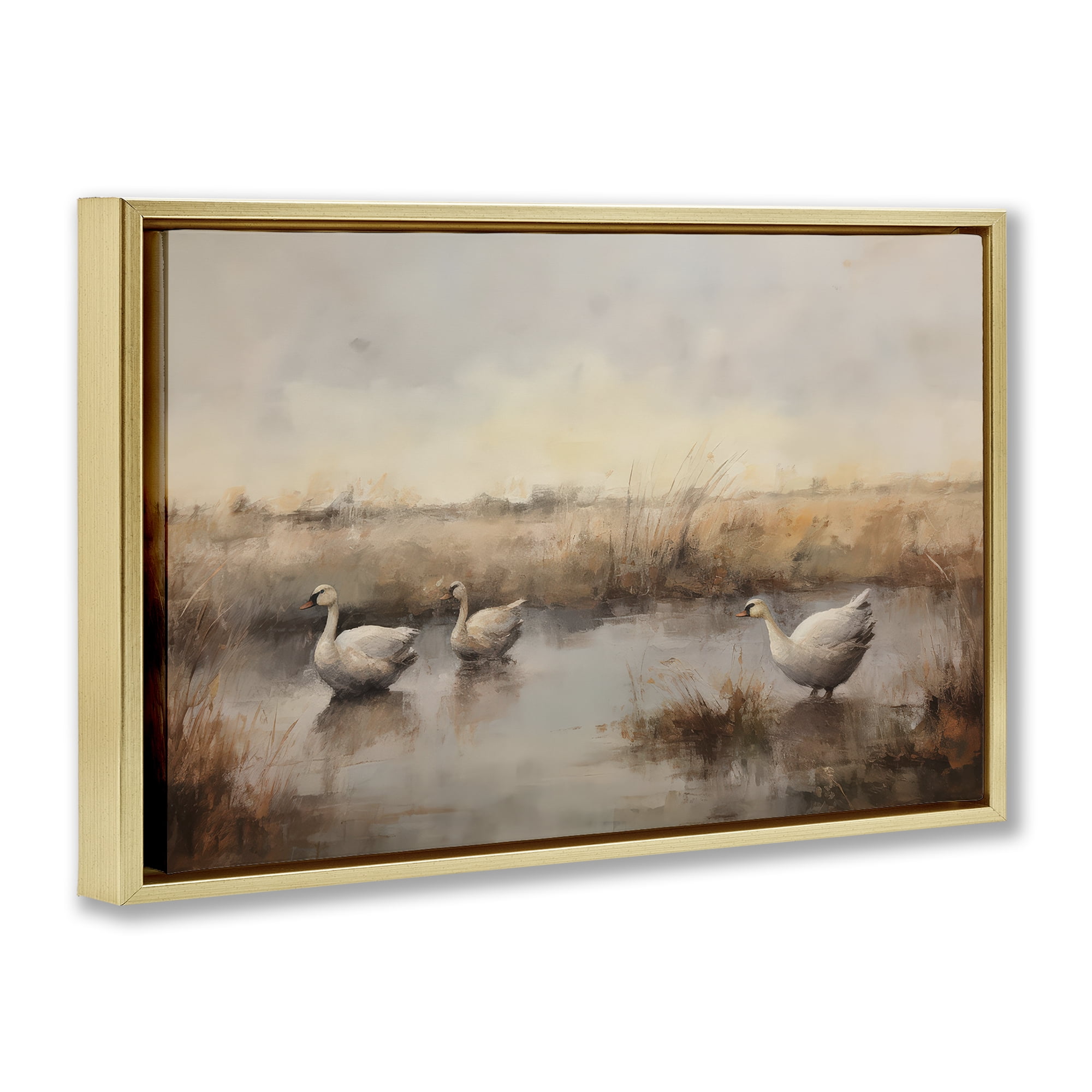 Stupell Industries Swan Family Rural Pond Landscape & Nature Painting Gold Floater Framed Canvas Art Print Wall Art, 31 x 21