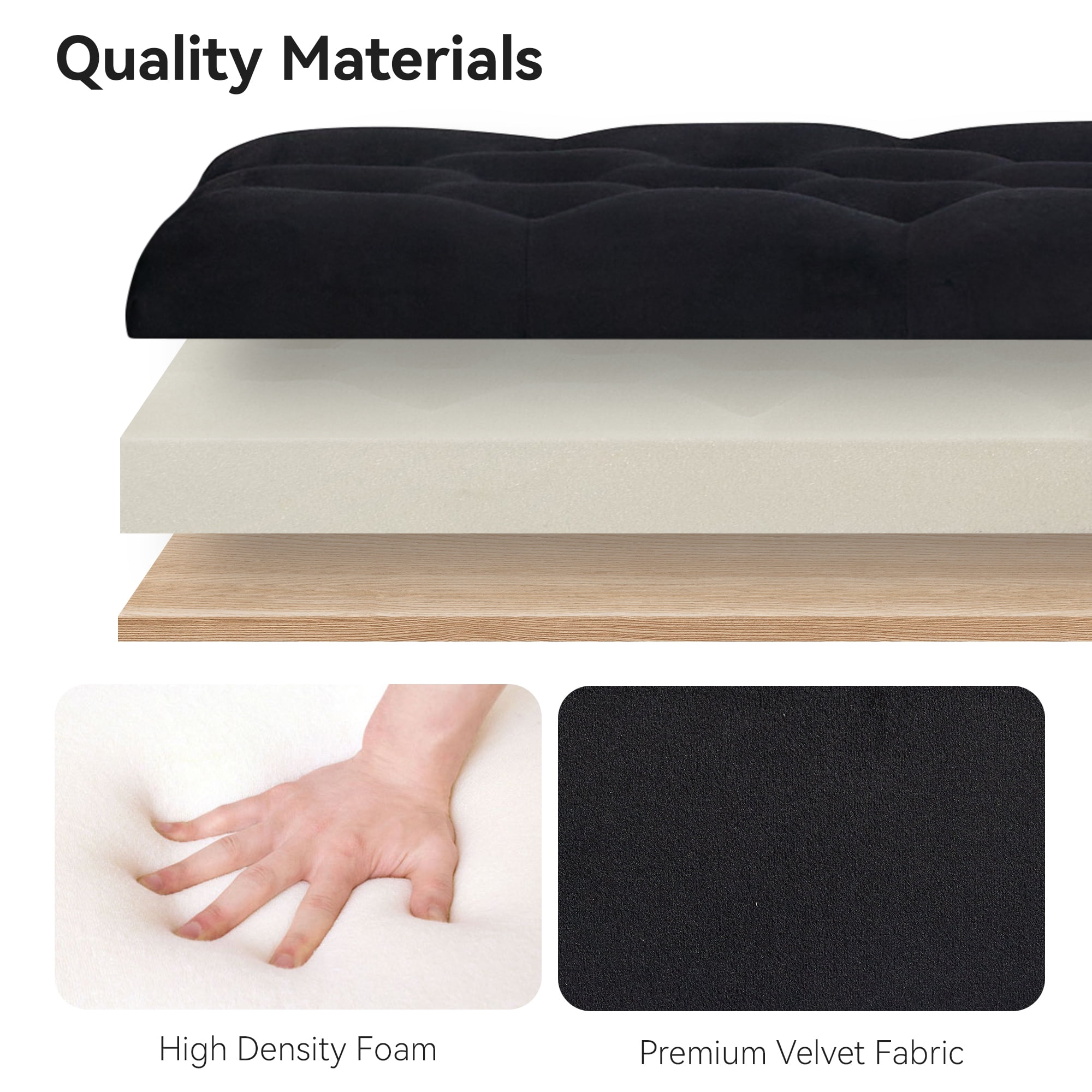Velvet Storage Bench, Upholstered Bed Bench with Storage, End of Bed Ottoman with Wooden Legs,Bedside Storage Bench for Bedroom, Living Room, or Entryway, Black