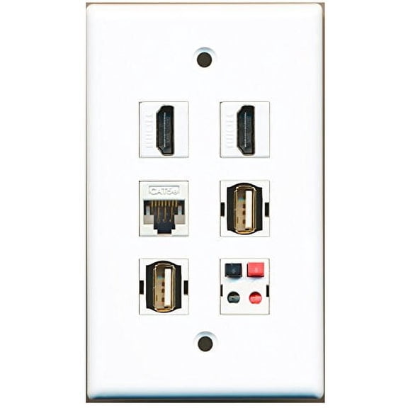 RiteAV - 2 HDMI 2 Port USB A-A 1 Port Cat5e Ethernet White 1 Port Speaker Wall Plate