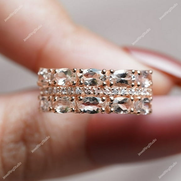 Morganite Ring Silver Gold Engagement Ring Half Band Ring June Birthstone Wedding Anniversary Gift