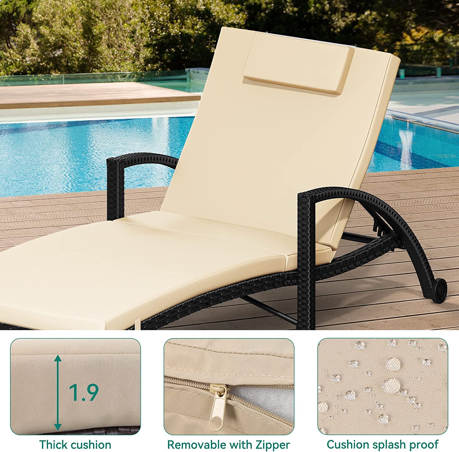 YITAHOME Outdoor Chaise Lounge Chairs, PE Rattan Wicker Patio Pool Loungers with Adjustable Backrest, Arm, Cushion, Pillow and Wheels for Poolside Backyard Porch Garden Beach (1, Black) - image 4 of 9