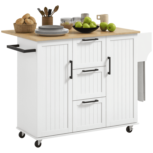 HOMCOM Kitchen Island on Wheels, Kitchen Cart with Drop Leaf Drawers White