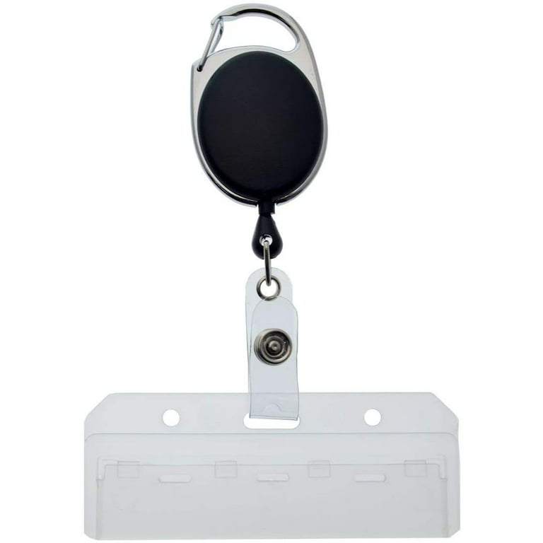 Mifflin Retractable Badge Reels w/Clear Horizontal ID Name Card Holders  (3.6x2.3 Inch, 2 Pack), Black Reel w/Carabiner Clip & Belt Hook