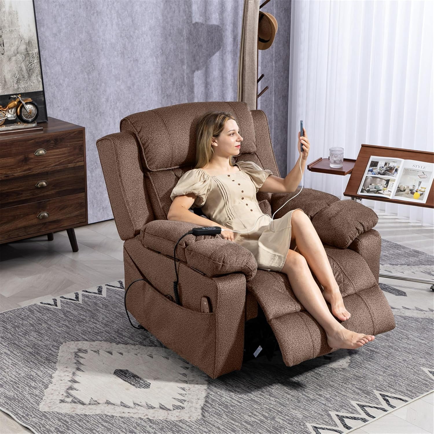 Big Man Power Lay Flat Lift Chair Oversized Recliner Dual Motor Heat Vibration for Elderly, Overstuffed Electric Extra Wide Recliners with Flip Arm Storage Cup Holders,USB Type C Charging