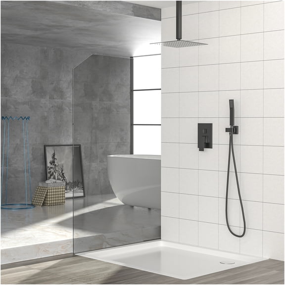 JERFIT 10" Ceiling Mount Dual Shower System with Pressure Balance Valve, Matte Black Rainfall and Handheld Shower Combo