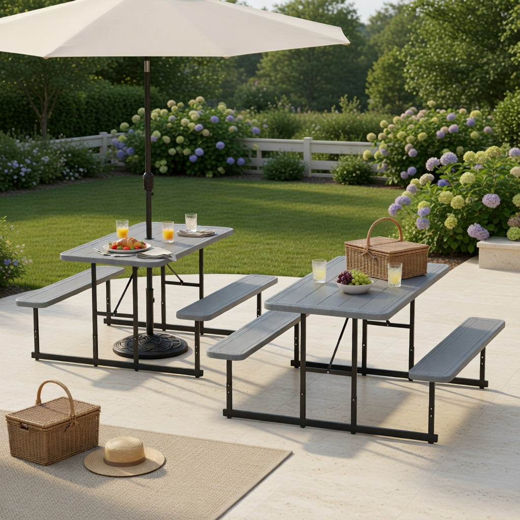 Hommoo Outdoor Picnic Table and Bench Set for 2-4 People, Rectangular HDPE Dining Table with Metal Frame, Weather-Resistant, Gray