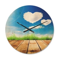 Designart 'Cloud Hearts on Blue Sky Grass Field' Farmhouse Wood Wall Clock