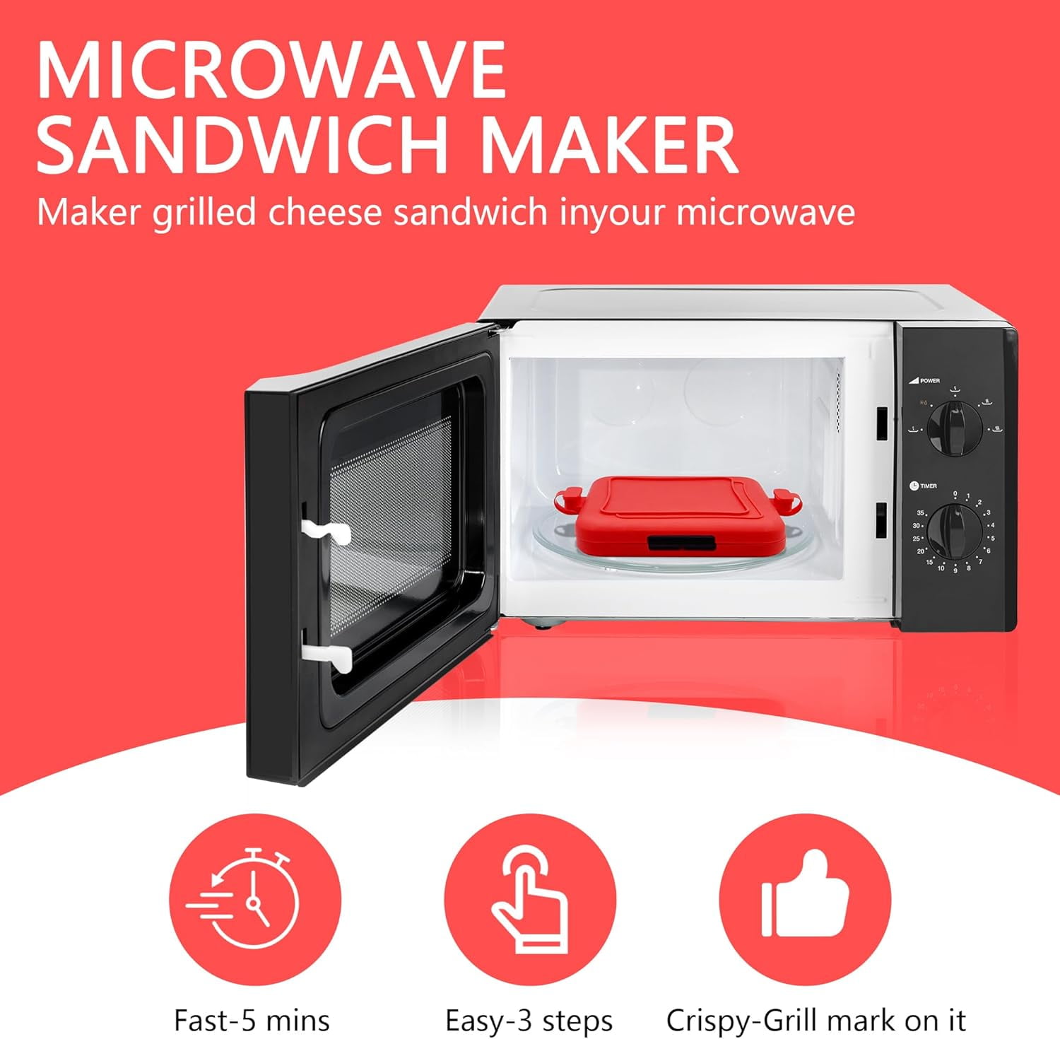Microwave Sandwich Press Maker, Quick 2-Min Toastie, Panini, & Grilled Cheese Maker, No Power Cords, Wireless, Dishwasher Safe & Easy Clean, Red