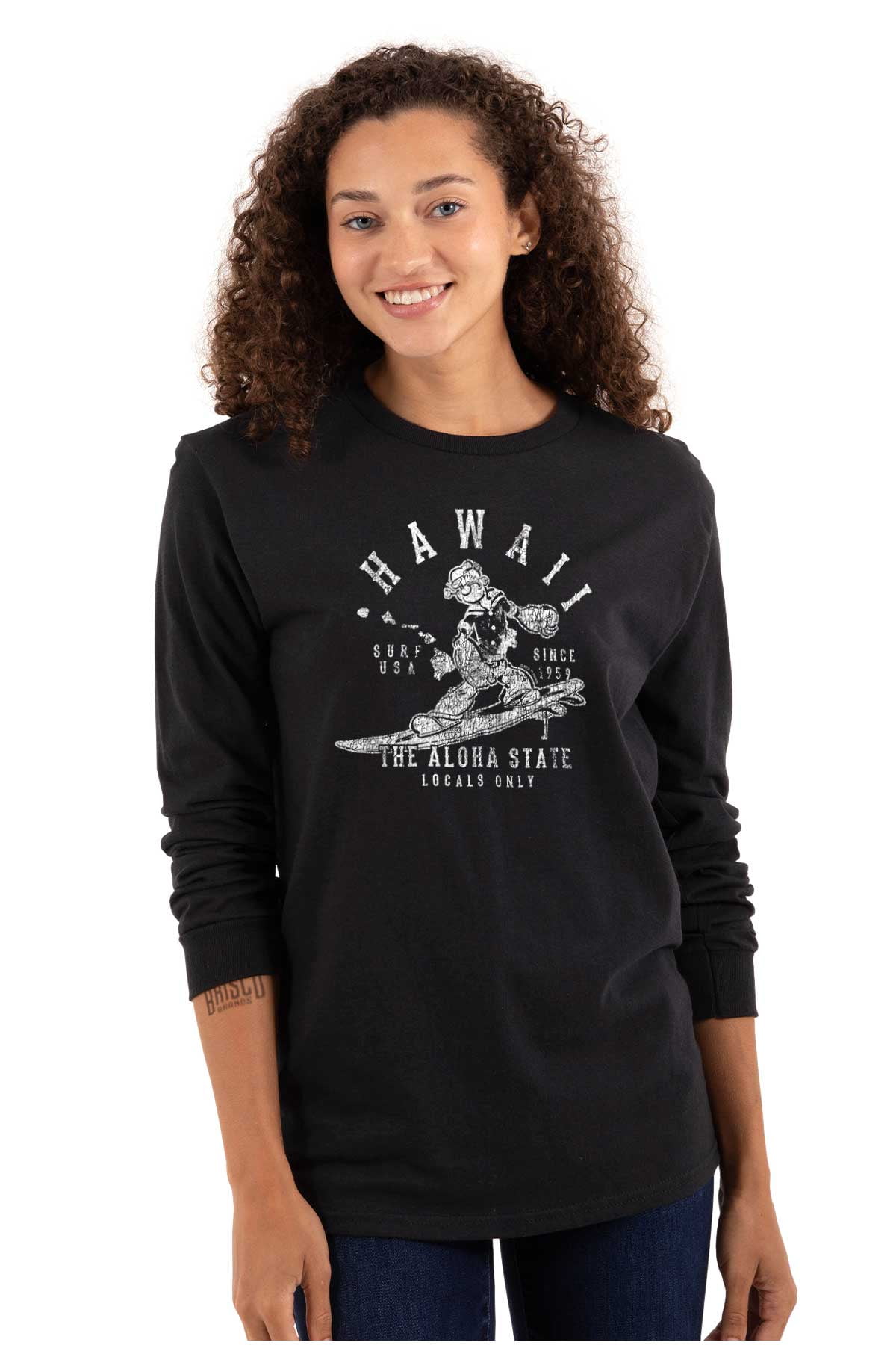 Popeye Surfing in Hawaii Aloha State Long Sleeve TShirt Men Women Brisco Brands M
