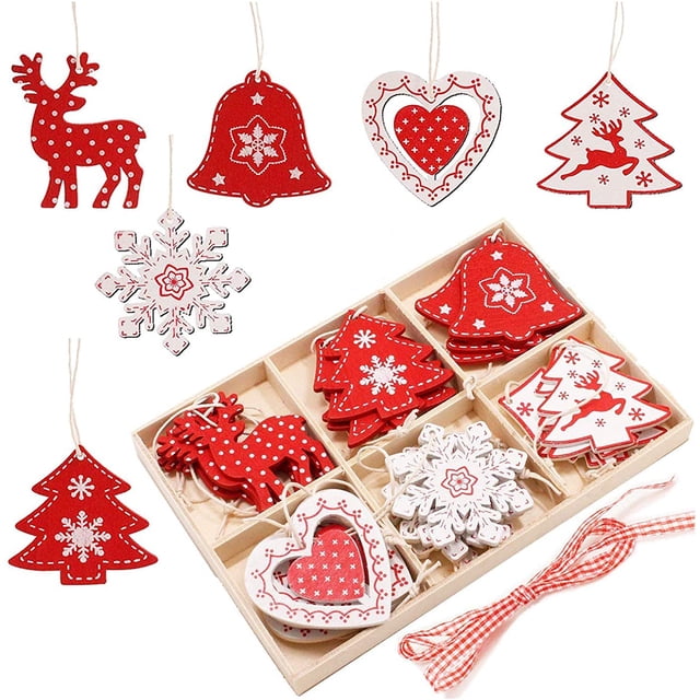 Juego de adornos de madera para árbol de Navidad, 24 piezas de 2,0'', adornos navideños de madera para manualidades de bricolaje para árbol de Navidad con caja de almacenamiento de madera