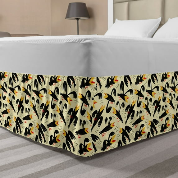 Yellow Bird Bed Skirt, Cartoon Pattern of Funny Childish Crowns, Elastic Bedskirt Dust Ruffle Wrap Around for Bedding Decor, 4 Sizes, Cream Charcoal Grey, by Ambesonne