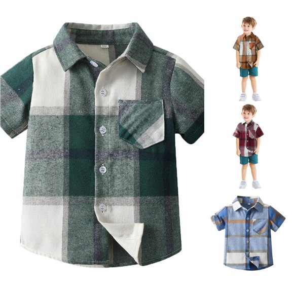 HCYSFG Boys Plaid Shirt Button Front Notch Neck Short Sleeve Chest Pocket Relaxed Fit Classic Casual Top Summer Dress Shirt