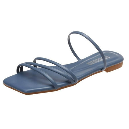 

YanHoo Women s Flat Sandals Square Toe Strappy Slip-on Sandal Ladies Summer Casual Beach Slippers Shoes