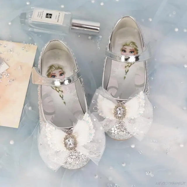 Disney-zapatos de fondo suave de dibujos animados para niña, zapatillas de princesa de Elsa, zapatos de cristal congelado, zapatos planos de cuero para niña con flores