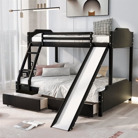 Upholstery Bunk Bed Twin Over Full Bunk Bed with 2 Drawers Convertible Slide and Ladder Tufted Bunk Bed with Headboard and Footboard for Kid Teen Adults Solid Wood Bunk Bed Frame with Guardrail Black