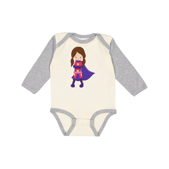 Inktastic Superhero Girl, Brown Hair, Cute Girl, Purple Cape Girls Long Sleeve Baby Bodysuit