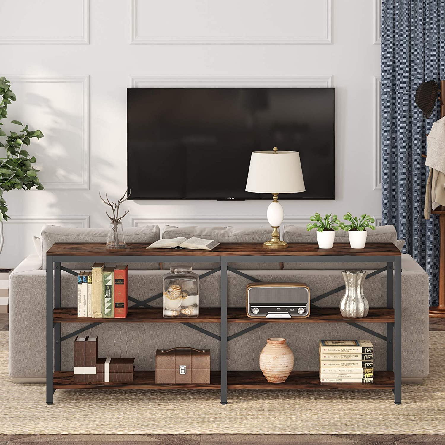 TribeSigns 70.9" Console Sofa Table Behind Couch Table, 3-Tier industrial Hallway Entryway Table with Storage Shelves