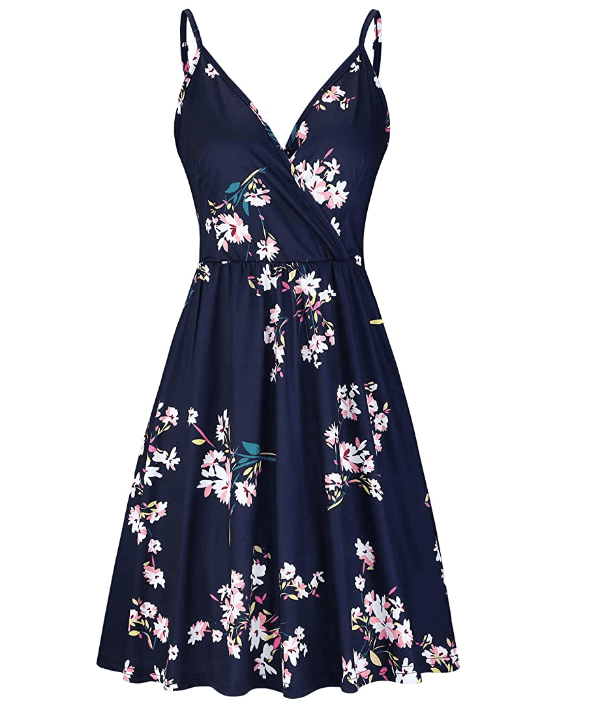 Womens Summer Floral Sundress Sleeveless V-Neck Party Dress Casual Print A Line Dress Spaghetti Strap Midi Dress 