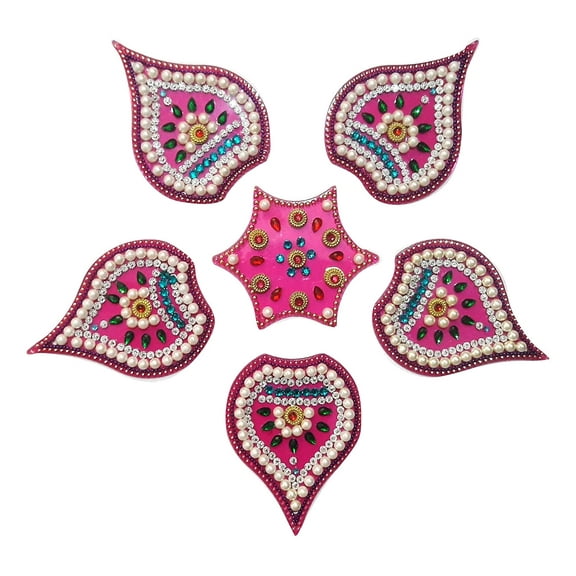 FineArt Handcrafted Decorative Diwali Rangoli Set Multicolor Jewel Stone/Kundan Decorations on Pink Acrylic Base 6 Piece Set - for Home Dcor